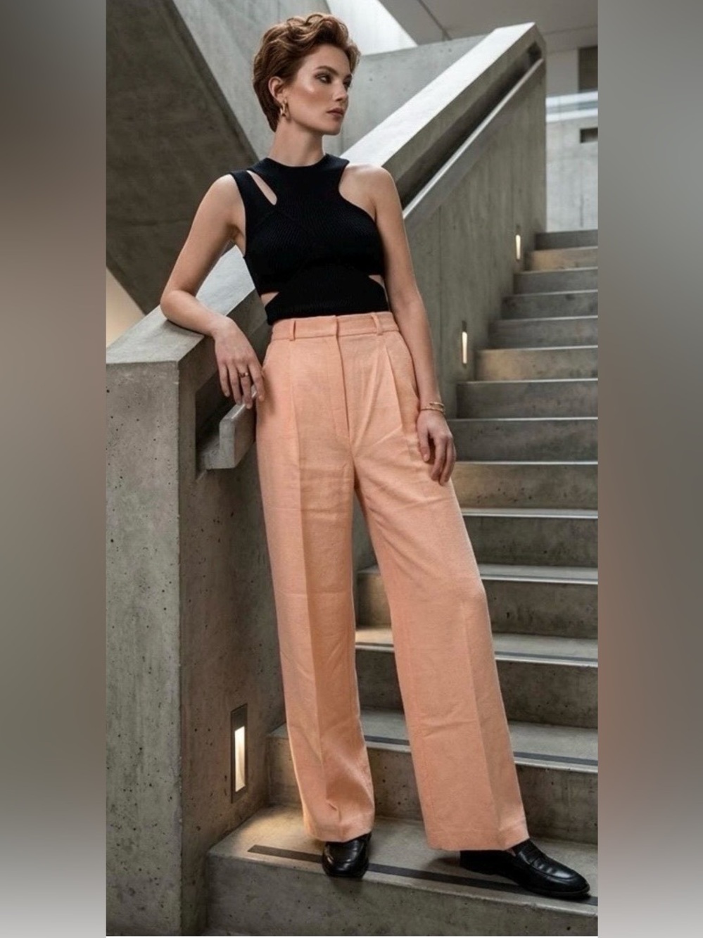 VTG 70s Bronson of California High-Waist Wide-Leg Linen Trousers in Peach Sz 2